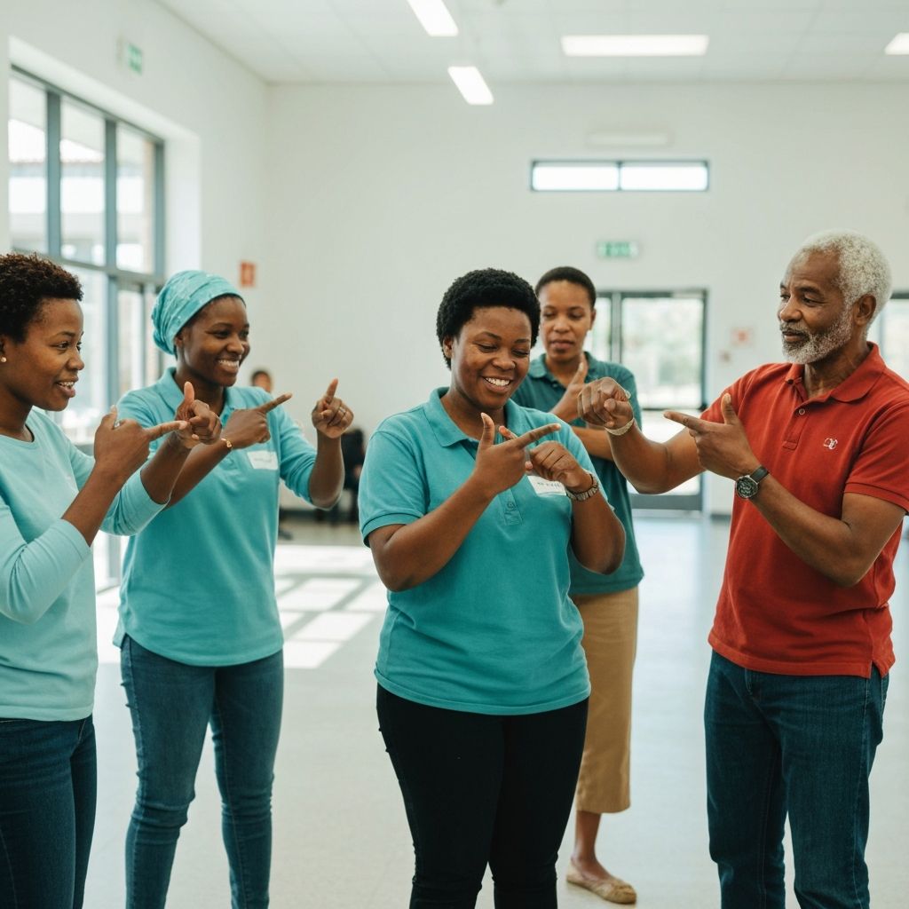 Diverse community members communicating using sign language